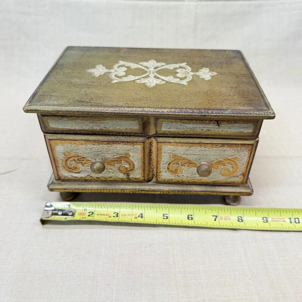 Vintage Italian Florentine Jewelry Box Gold Gilt Wood Red Velvet Mirror Trinket